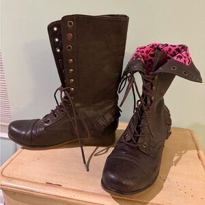 Betsey Johnson Brown Combat Boots with Pink Leopard Interior
